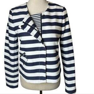 Banana Republic White & Blue Stripe Long Sleeve Zip Up Lined Moto Jacket Sz 4